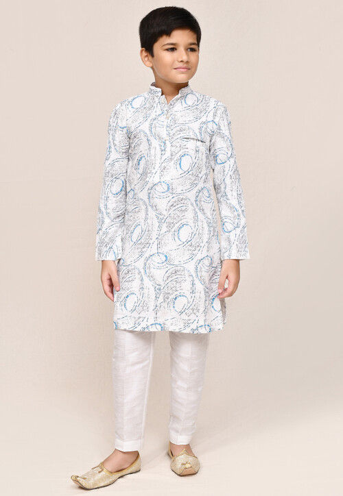 Digital Printed Cotton Kurta Set in White