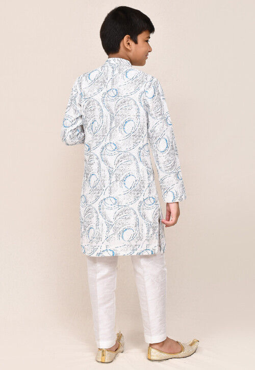 Digital Printed Cotton Kurta Set in White