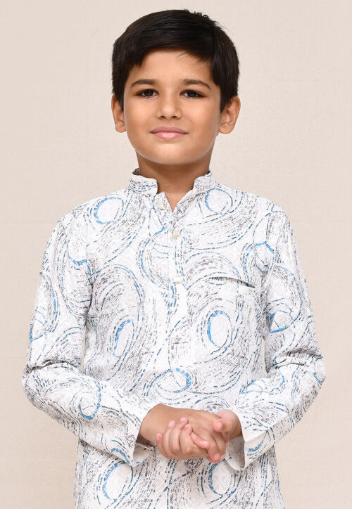 Digital Printed Cotton Kurta Set in White