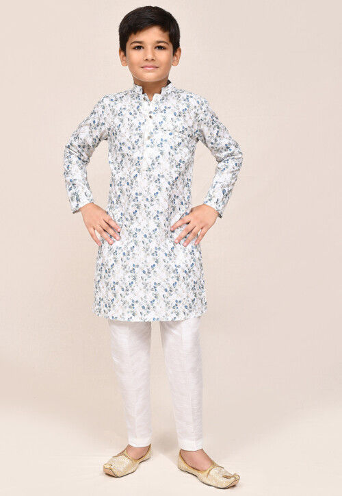Digital Printed Cotton Kurta Set in White