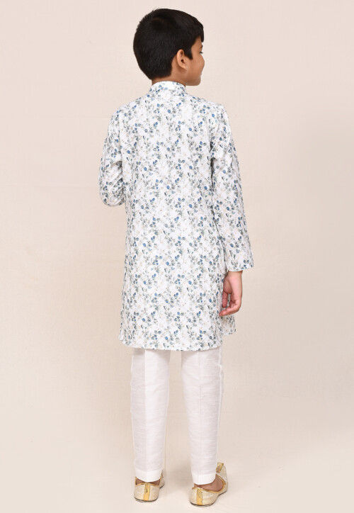 Digital Printed Cotton Kurta Set in White