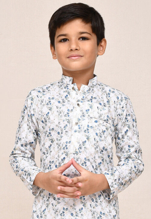 Digital Printed Cotton Kurta Set in White