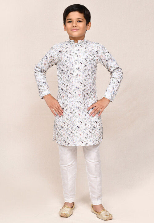 Digital Printed Cotton Kurta Set in White