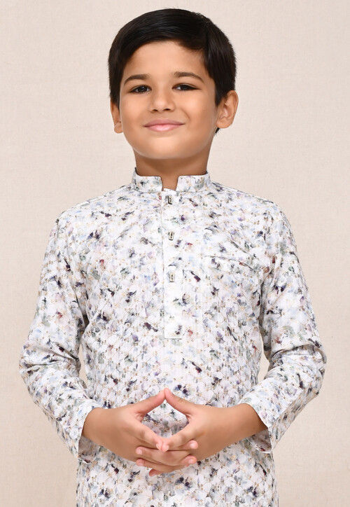 Digital Printed Cotton Kurta Set in White