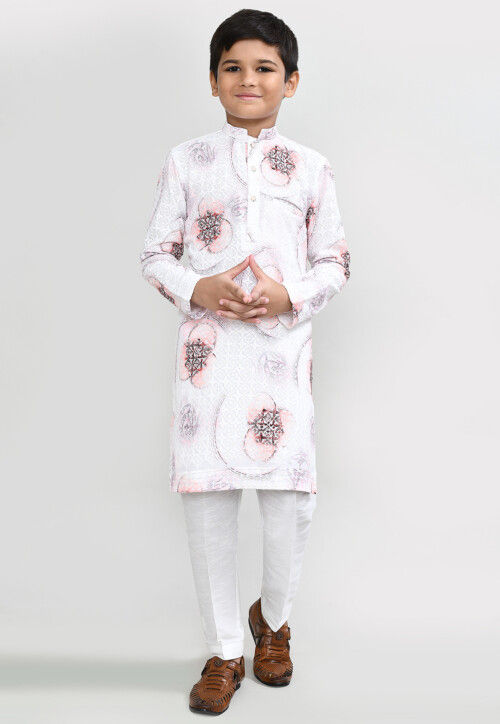 Digital Printed Cotton Kurta Set in White
