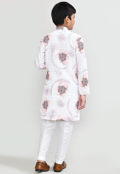 Digital Printed Cotton Kurta Set in White