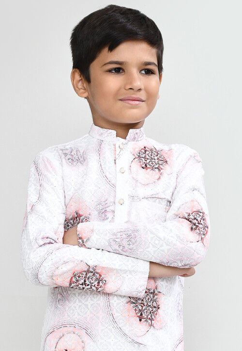 Digital Printed Cotton Kurta Set in White