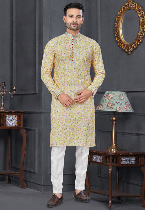 Digital Printed Cotton Kurta Set in Yellow