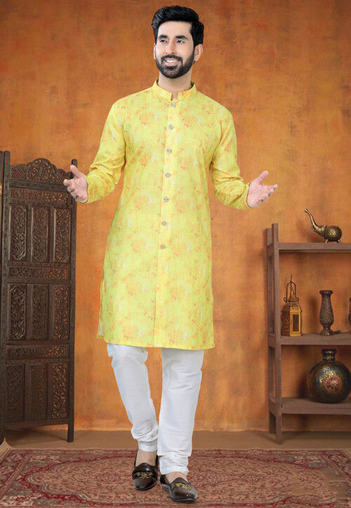 Digital Printed Cotton Kurta Set in Yellow