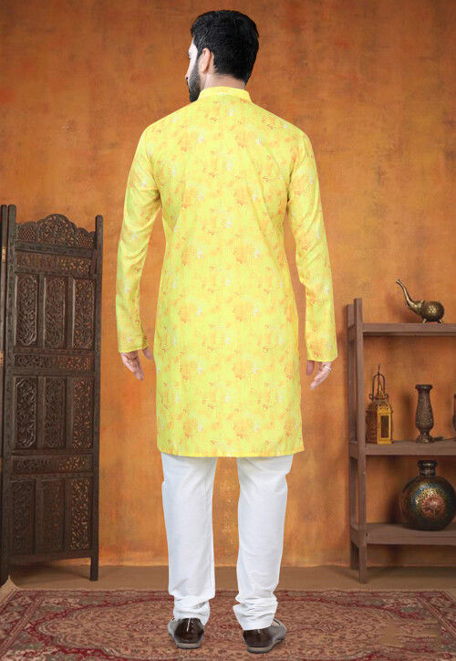 Digital Printed Cotton Kurta Set in Yellow