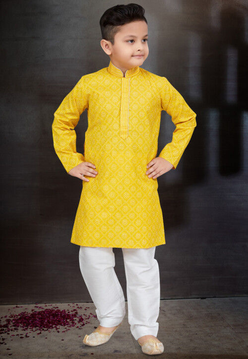 Digital Printed Cotton Kurta Set in Yellow