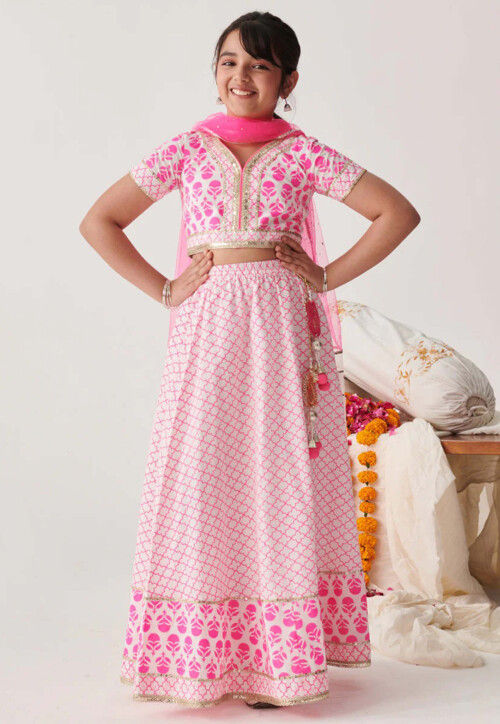 Digital Printed Cotton Lehenga in Off White