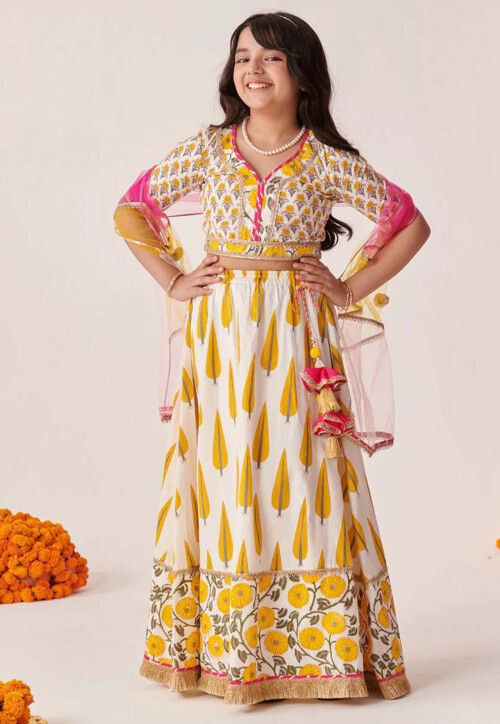 Digital Printed Cotton Lehenga in Off White