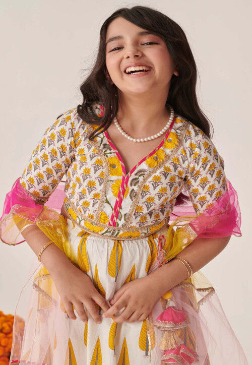 Digital Printed Cotton Lehenga in Off White