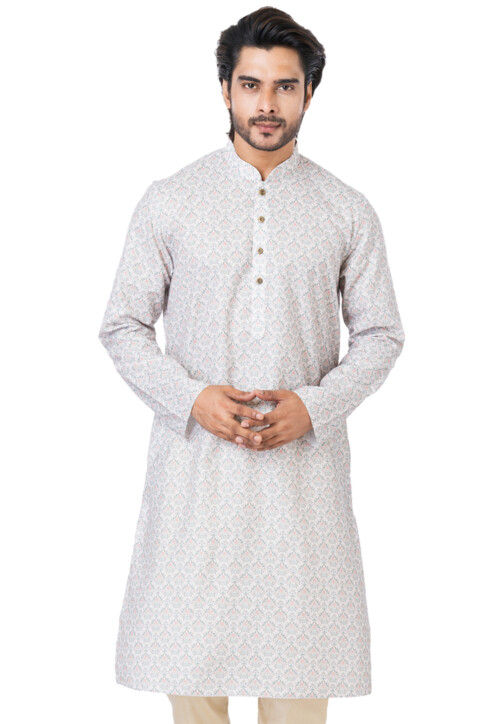 Digital Printed Cotton Linen Kurta in Off White