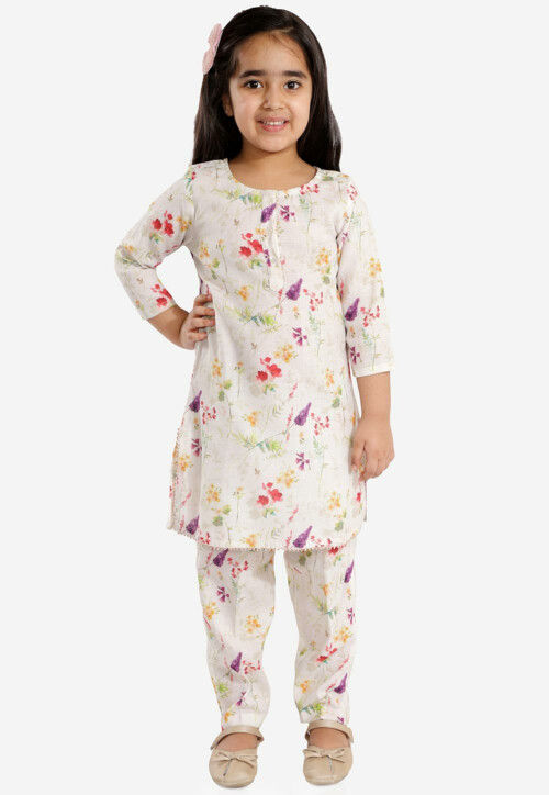 Digital Printed Cotton Linen Kurta Set in Off White