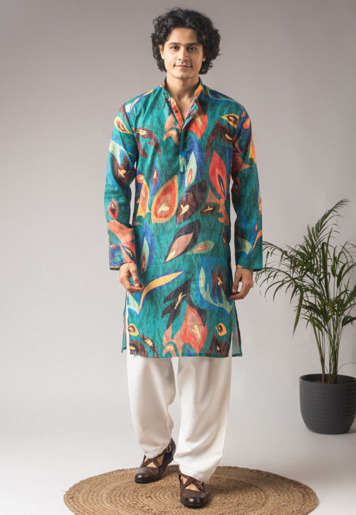 Digital Printed Cotton Linen Kurta Set in Teal Blue