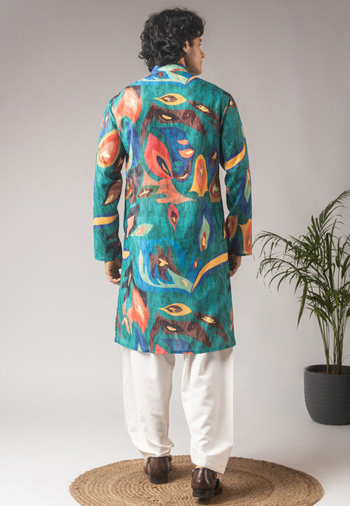 Digital Printed Cotton Linen Kurta Set in Teal Blue