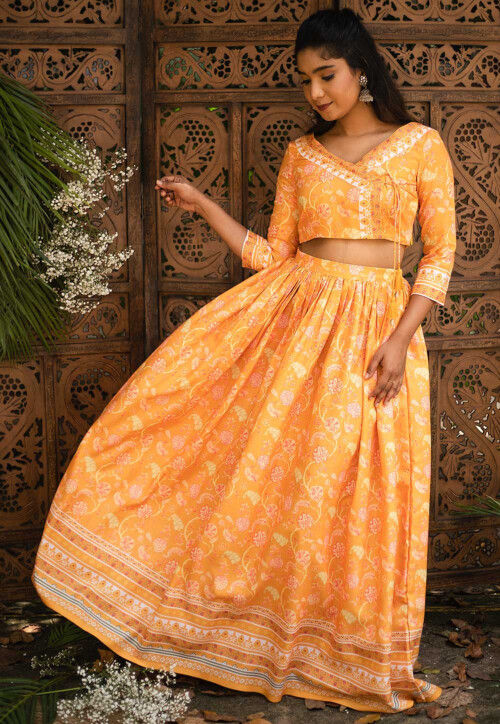 Buy Yellow Cotton Satin Sweetheart Neck Embroidered Blouse And Lehenga Set  For Women by Shyam Narayan Prasad Online at Aza Fashions.