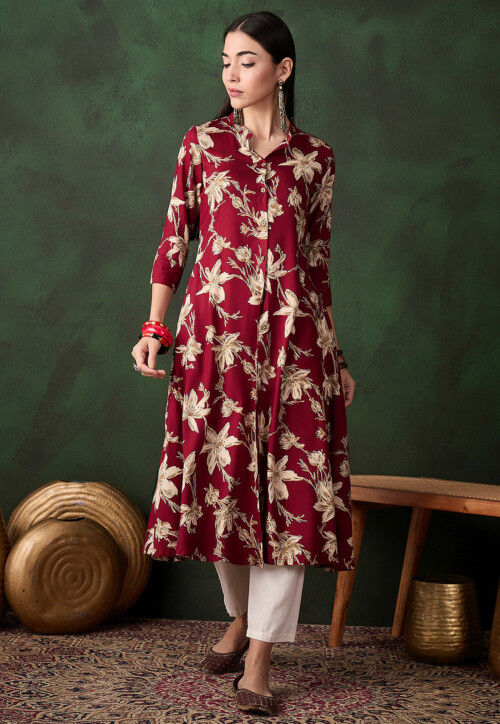Digital Printed Cotton Long Kurta in Maroon
