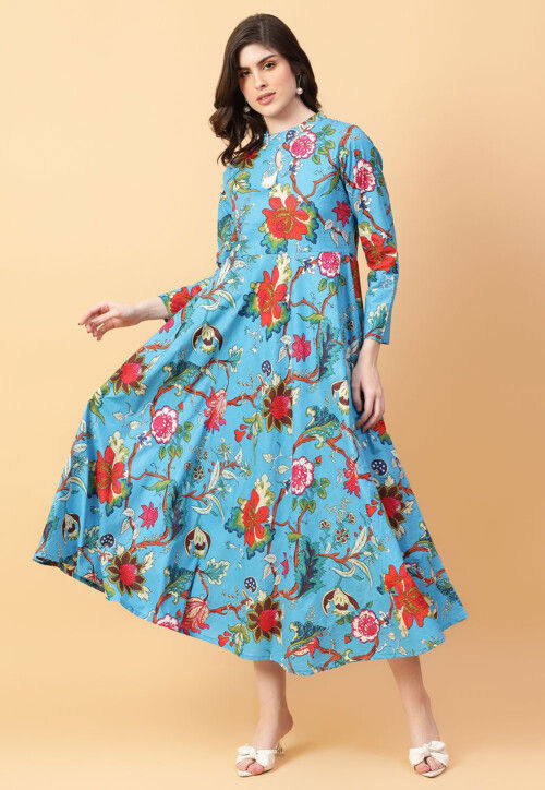 Digital Printed Cotton Maxi Dress in Blue