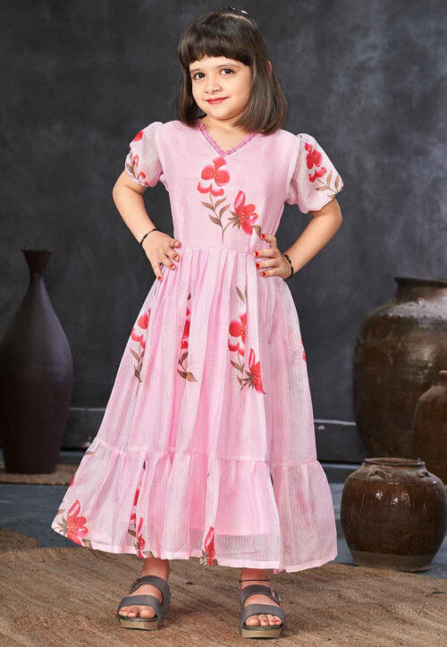 Digital Printed Cotton Maxi Dress in Pink
