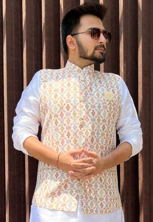 Cotton Kurta Pajama with Nehru Jacket White & Purple –  folkcultureclothing