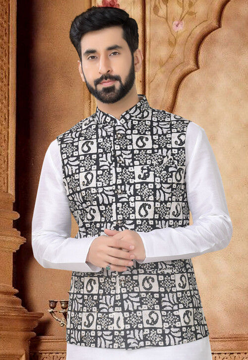 Digital Printed Cotton Nehru Jacket in Black