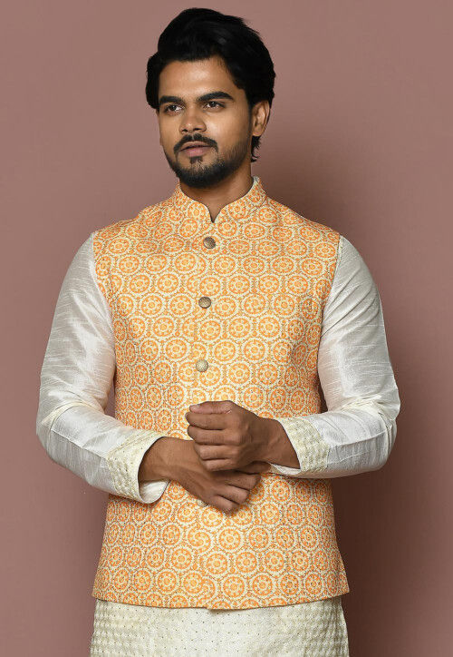 Mustard Silk Embroidered Nehru Jacket Design by Kasbah Clothing at Pernia's  Pop Up Shop 2024