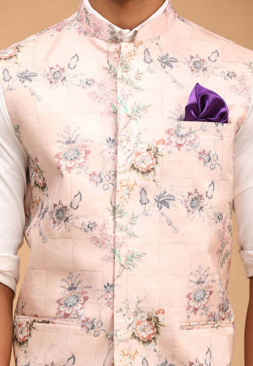 Digital Printed Cotton Nehru Jacket in Peach