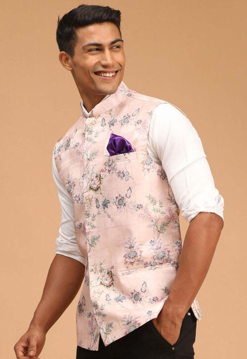 Digital Printed Cotton Nehru Jacket in Peach