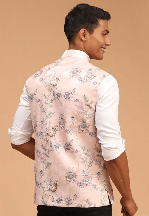 Digital Printed Cotton Nehru Jacket in Peach
