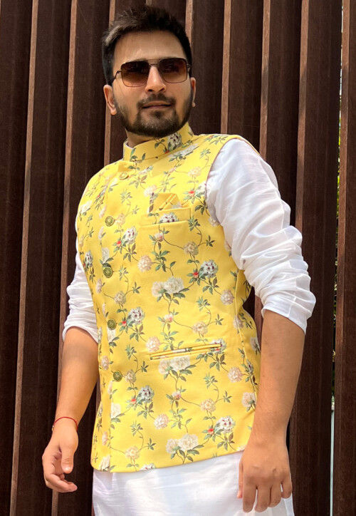 Digital Printed Cotton Nehru Jacket in Yellow : MUY946