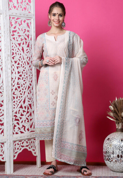 Digital Printed Cotton Pakistani Suit in Beige