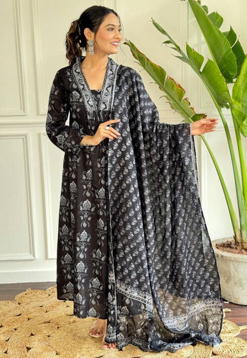 Digital Printed Cotton Pakistani Suit in Black