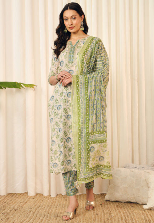 Digital Printed Cotton Pakistani Suit in Cream
