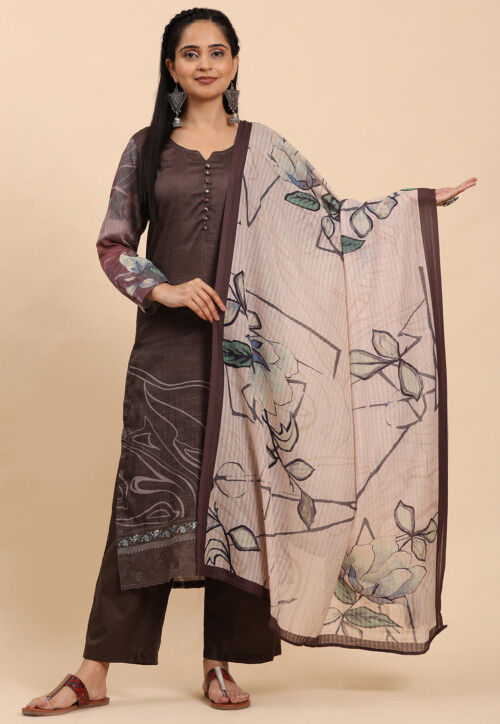 Digital Printed Cotton Pakistani Suit in Dark Brown