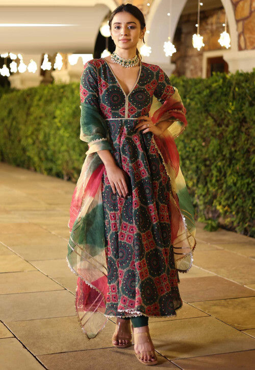 Digital Printed Cotton Pakistani Suit in Dark Green