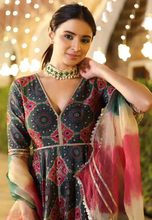 Digital Printed Cotton Pakistani Suit in Dark Green