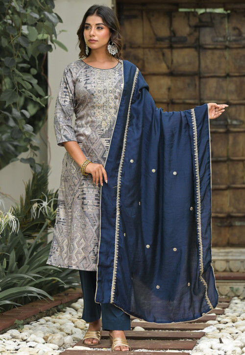 Digital Printed Cotton Pakistani Suit in Grey
