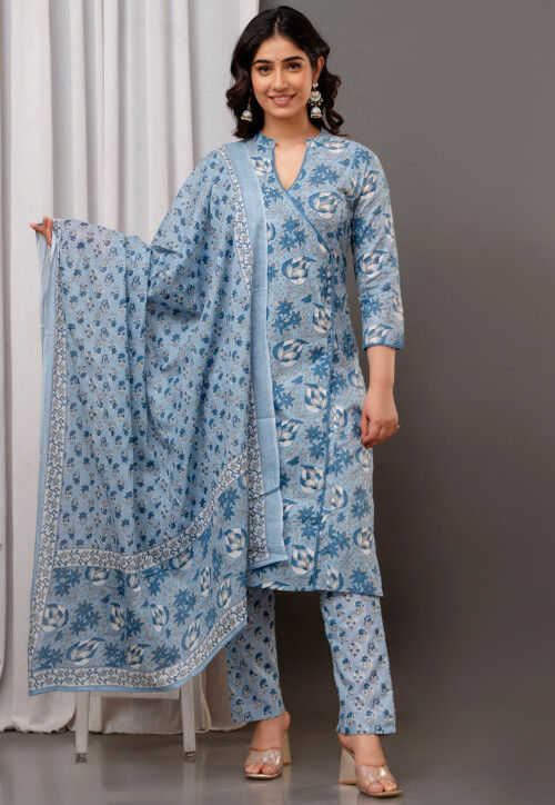 Digital Printed Cotton Pakistani Suit in in Blue