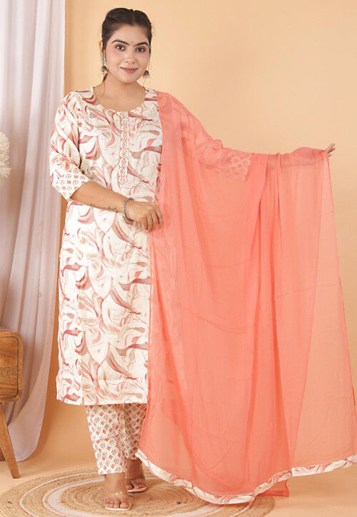 Digital Printed Cotton Pakistani Suit in Off White