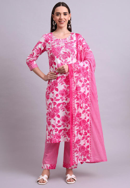 Digital Printed Cotton Pakistani Suit in Off White