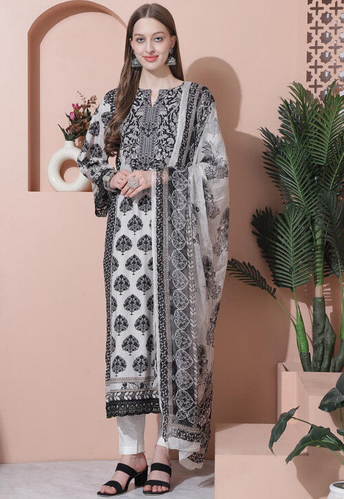 Digital Printed Cotton Pakistani Suit in Off White