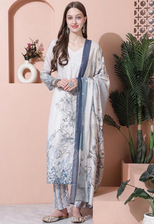 Digital Printed Cotton Pakistani Suit in Off White