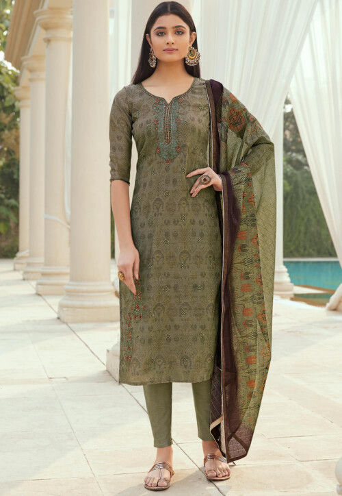 Buy Digital Printed Cotton Pakistani Suit in Olive Green Online KVG51 Utsav Fashion