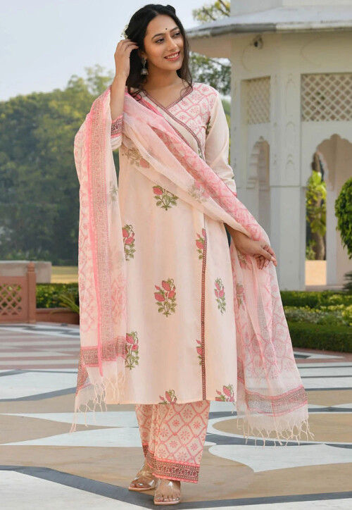 Digital Printed Cotton Pakistani Suit in Peach