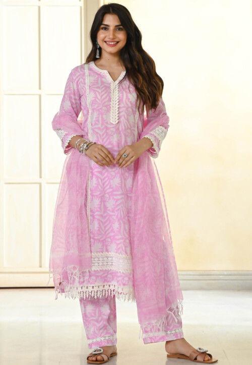 Digital Printed Cotton Pakistani Suit in Pink