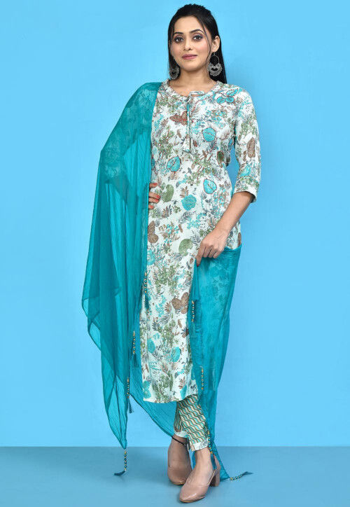 Digital Printed Cotton Pakistani Suit in White