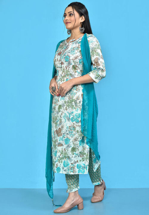 Digital Printed Cotton Pakistani Suit in White